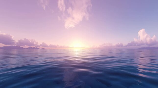 Wide-angle view of calm sea at sunset, equirectangular panorama