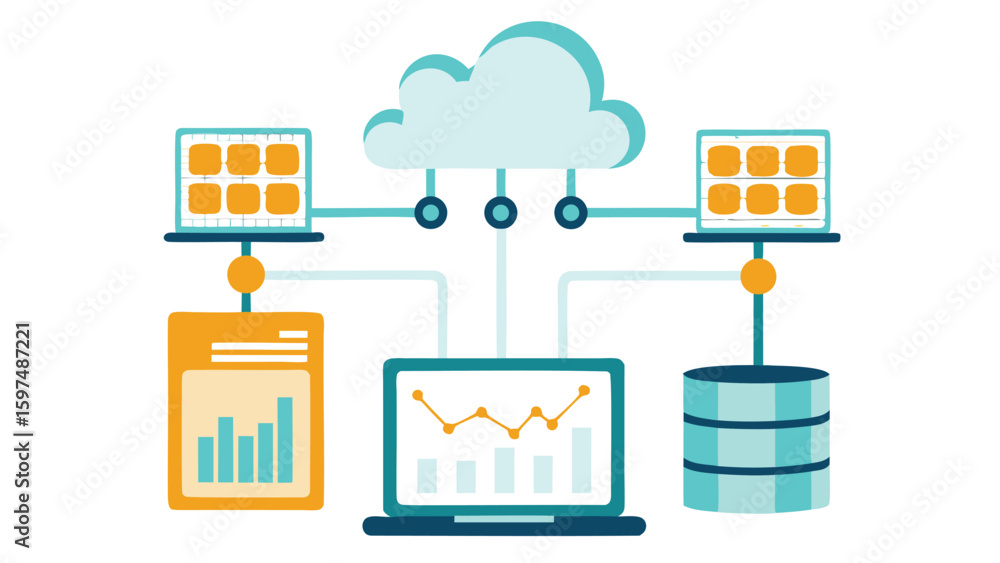 Poster cloud computing infrastructure diagram showing data flow between devices and data storage units onli