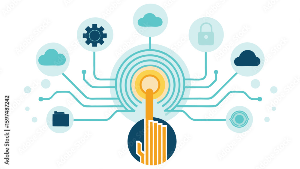 Poster illustration of a hand touching a central node connected to cloud and security icons in a network
