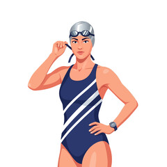 Female Swimmer Adjusting Goggles in Blue and White Swimsuit Ready for Competition