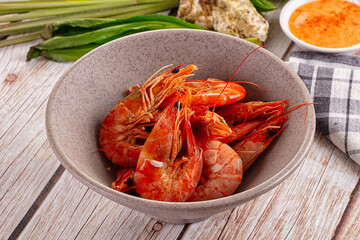 Delicous boiled tiger prawn with sauce