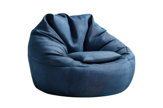 Comfortable blue denim bean bag chair with integrated pillow