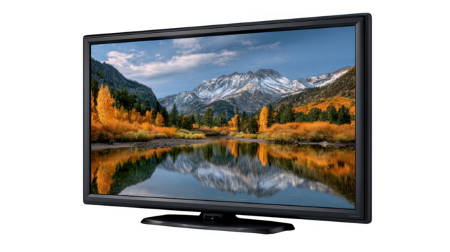 Television displaying a stunning mountain lake reflection during autumn foliage season