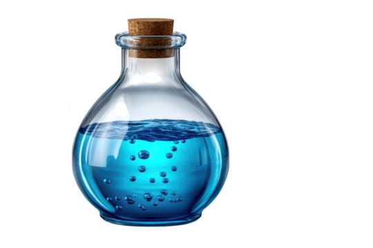 Glass flask containing vibrant blue liquid with bubbles and a cork stopper against a transparent background