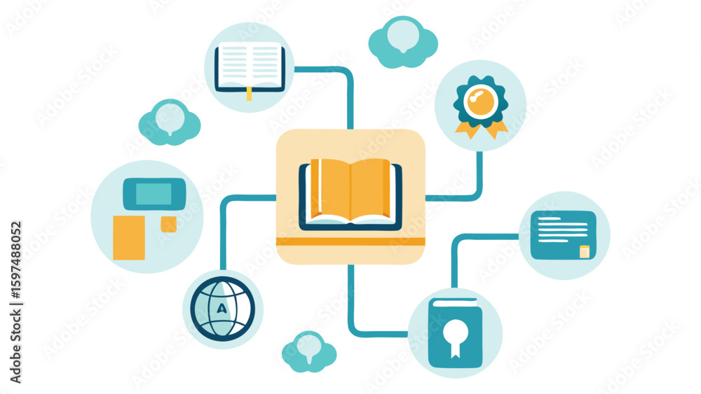 Poster illustration showing an open book in the center connected to different educational icons and element