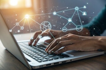 Person typing on laptop with glowing digital network overlay