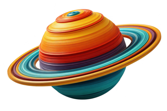 Vibrant paper quilled saturn model with colorful rings against a transparent background - Powered by Adobe