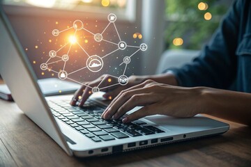 Hands typing on a laptop with a glowing digital network overlay