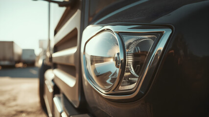 Truck front emblem and headlight detail, dramatic light and shadows, shallow depth of field