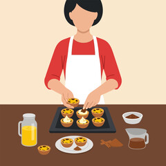 Woman Baking Custard Tarts with Yellow Filling in White Apron