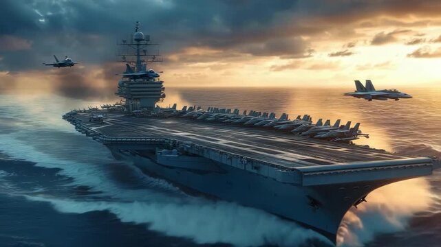 Aircraft carrier sails across the ocean with warships and fighter jets, showcasing military might and defense in action