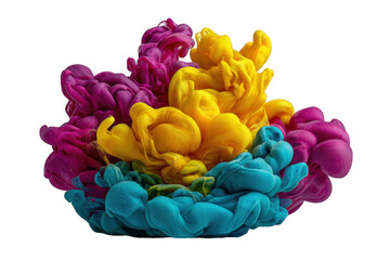 Fototapeta premium Vibrant magenta yellow and teal ink clouds swirling in water against a transparent background