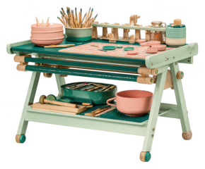 Art easel and craft station with painting supplies for children isolated on transparent background