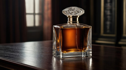 Amber perfume bottle on dark table
