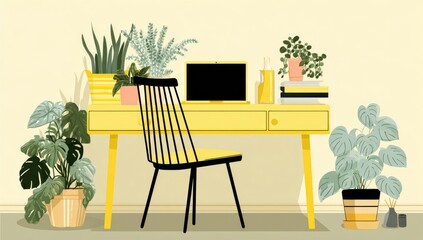 Obraz premium Bright yellow desk, plants, computer