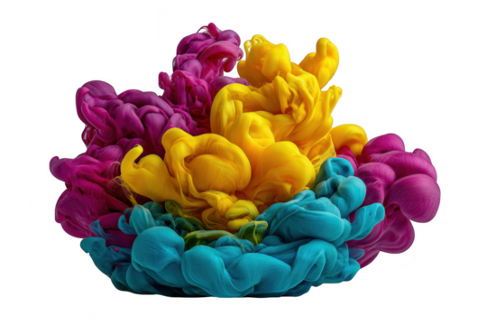 Vibrant magenta yellow and teal ink clouds swirling in water against a transparent background