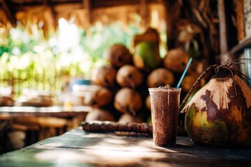 Fototapeta premium Freshly cut coconuts with straws beside a cup of Vietnamese coconut coffee, whole coconuts stacked in the background, tropical vibe, organic ingredients