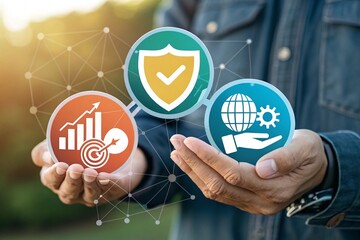Hands holding icons representing business growth security and global cooperation