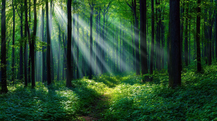 A tranquil forest scene bathed in soft, golden sunlight streams through lush green trees, creating a peaceful pathway that invites exploration and connection to nature.