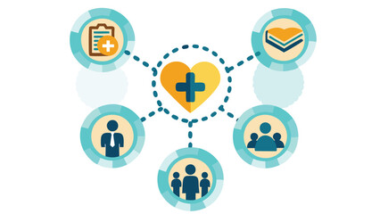Illustration of heart with plus sign connected to icons representing health and community support