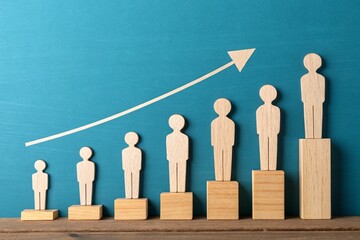 Wooden figures show increasing growth on a blue background with an upward arrow