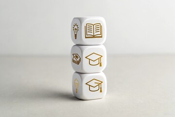 Stack of dice with educational symbols