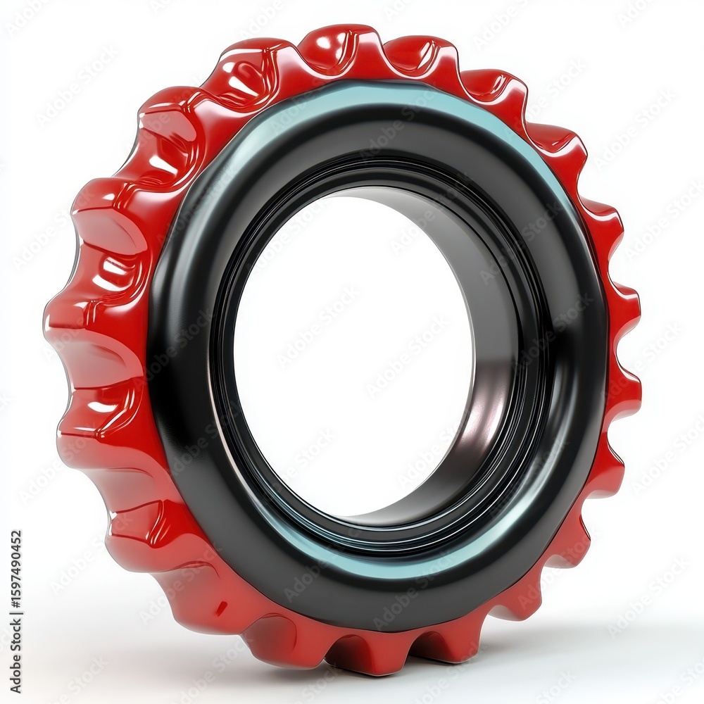 Poster close up view of a glossy red and black tire with detailed tread pattern on white background