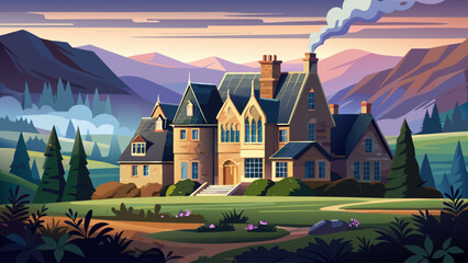 An elegant stone manor in the Scottish Highlands with slate roof, wide chimneys, and surrounding foggy meadows, echoing tales of history and solitude