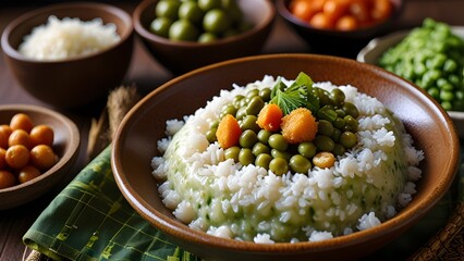 White rice with green peas and vegetables in a bowl

