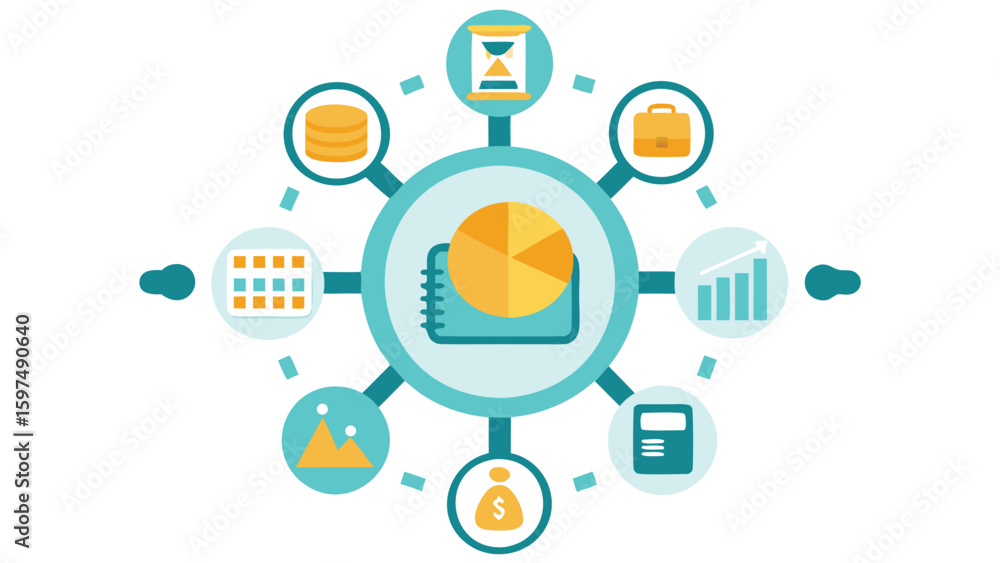 Poster illustration of business elements connected in a circular diagram with a notebook at the center