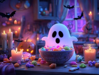 A big-eyed ghost popping out of a candy bowl