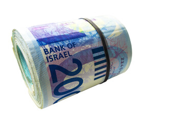 Money new Israeli shekel. Rolled 200 banknotes stand on a transparent background.