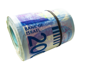 Money new Israeli shekel. Rolled 200 banknotes stand on a transparent background.