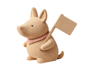 Cartoon animal figurine holding blank wooden placard, textured surface, light brown color, pink scarf, isolated on transparency background, playful and cute decoration