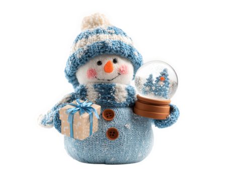 Snowman gift snow globe blue hat winter knitted cute holiday cheerful decoration holding present and snow globe festive and joyful