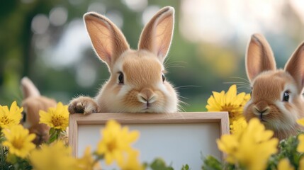 Fototapeta premium Adorable Baby Rabbits Surrounded by Bright Flowers in a Sunny Garden Setting