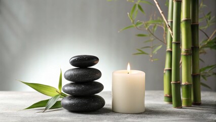 Obraz premium Zen Still Life: Stone, Candle, and Bamboo