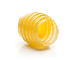 A single butter curl, a golden dairy product, is elegantly displayed against a clean white background, showcasing its smooth texture and rich color, perfect for culinary themes and food presentations.