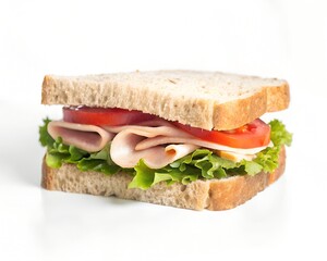 Deliciously crafted sandwich featuring layers of fresh lettuce, ripe tomato slices, and savory deli meat between two slices of whole wheat bread, presented on a clean white background.