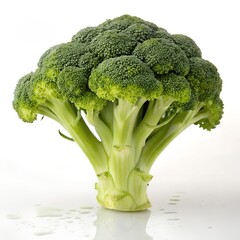 Fresh green broccoli head with water droplets on a white reflective surface, showcasing its florets and thick stem, perfect for healthy eating and culinary themes.