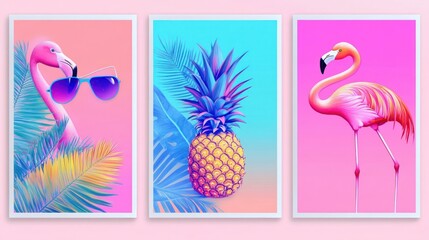 Set of colorful summer disco party posters with fluorescent tropical leaves, pineapple, and flamingo