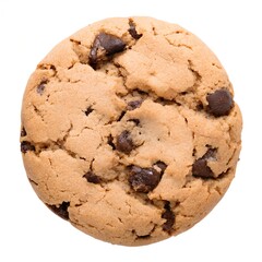 A delicious overhead view of a single chocolate chip cookie with a golden brown baked texture and rich dark chocolate chunks prominently displayed against a clean white background