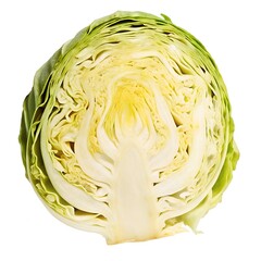 Fresh green cabbage cut in half revealing layered crisp texture and vibrant yellow interior perfect for healthy eating and culinary inspiration isolated on white