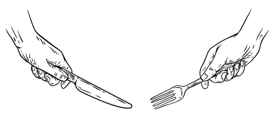 Hand draw fork and knife in human hand. Monochrome design element for kitchen, food equipment. Vintage vector illustration.