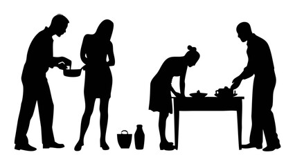 Silhouette of Preparations: Captivating silhouettes depict a group of individuals engaged in domestic tasks, arranging items, and preparing a feast.