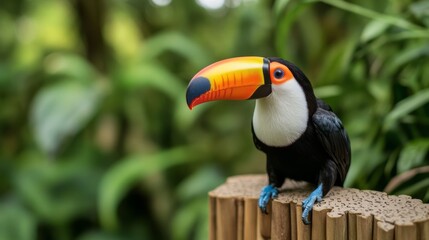 Naklejka premium Vibrant Toucan Perched on Wooden Barrier Amid Lush Greenery in Tropical Environment