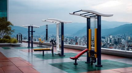Experience fitness like never before with this stunning rooftop gym, offering outdoor exercise equipment and breathtaking city views, inspiring a healthy and active lifestyle.