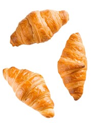 Three golden brown croissants arranged against a clean white background, showcasing their flaky texture and classic crescent shape, perfect for bakery or breakfast themes.