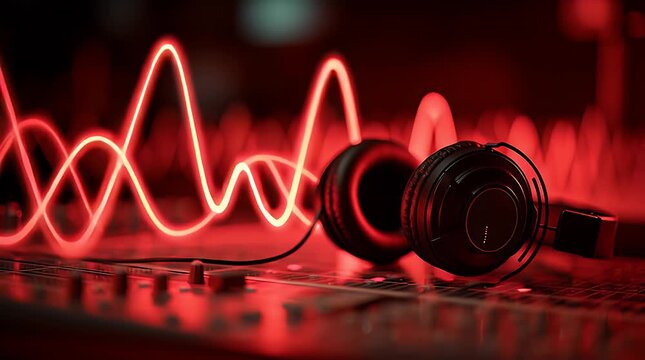 Red-lit Headphones on a Mixing Console