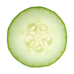 A crisp, translucent slice of fresh cucumber showcasing its vibrant green skin and light seeds, presented against a clean white background for ultimate versatility in design projects.